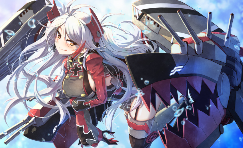 1girl :q antenna_hair azur_lane blurry breasts brown_eyes commentary_request crossed_arms depth_of_field garter_straps gloves headgear highres long_hair looking_at_viewer machinery mizunashi_(second_run) multicolored_hair prinz_eugen_(azur_lane) sideboob smile solo tongue tongue_out turret two-tone_hair two_side_up white_hair