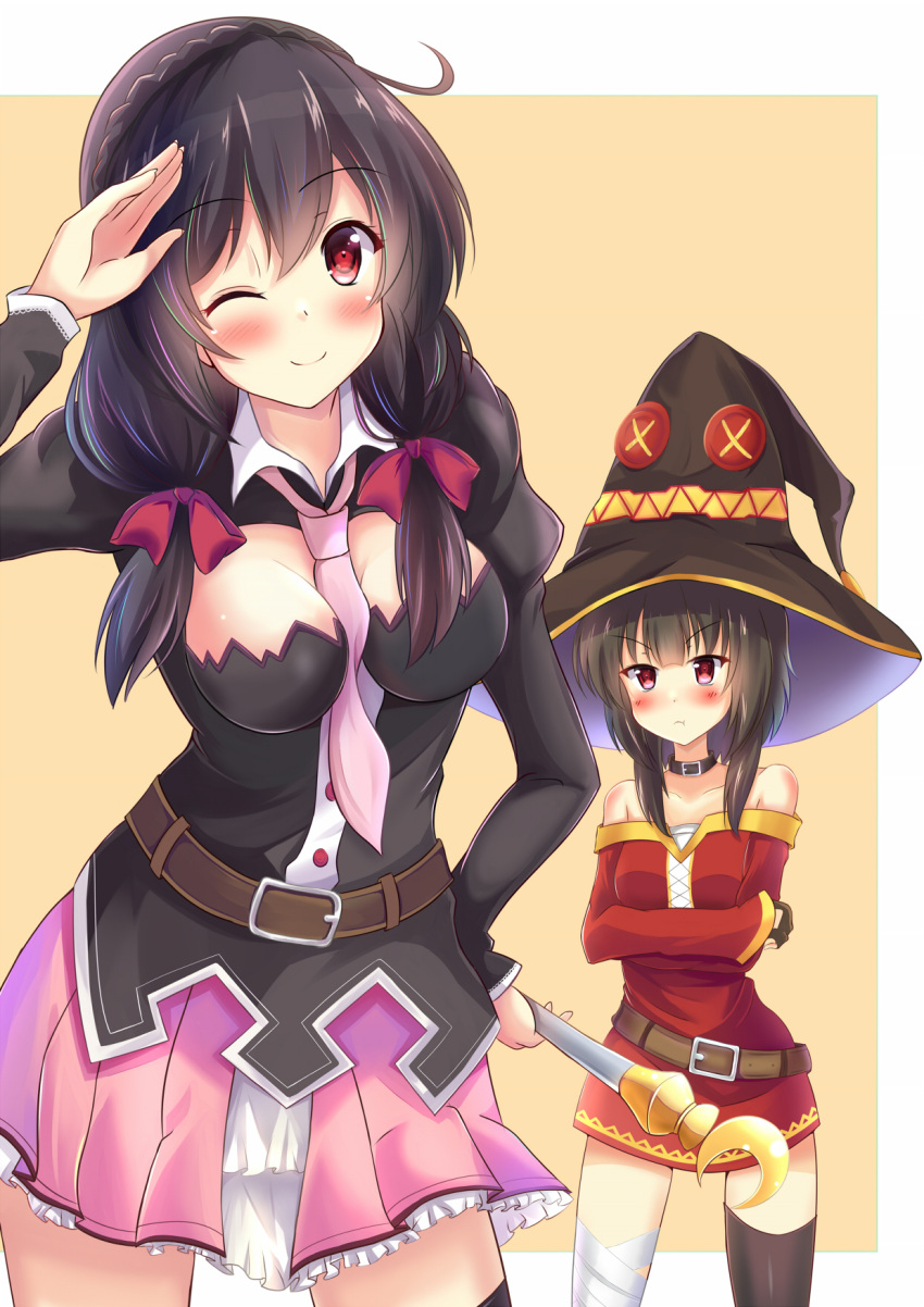 2girls bandage bandaged_leg belt black_gloves black_hair blush bow breasts dress fingerless_gloves gloves hair_ornament hat highres kono_subarashii_sekai_ni_shukufuku_wo! large_breasts long_hair megumin mismatched_legwear multiple_girls necktie open_mouth radek_ken red_dress red_eyes ribbon short_hair_with_long_locks single_thighhigh smile thigh-highs wand witch_hat yunyun_(konosuba)