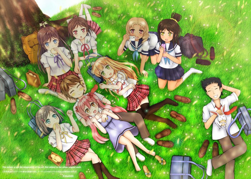 2boys 6+girls artist_name azuki_azusa bag barefoot black_hair black_legwear black_skirt blonde_hair blue_eyes blue_neckwear blush bow brown_eyes brown_hair character_request closed_eyes duffel_bag eating emanuella_porlallora english eyebrows_visible_through_hair facing_another grass green_eyes hair_bow hair_ornament hairclip heart heart-shaped_pupils hentai_ouji_to_warawanai_neko. highres j.c._staff kantoku_(style) kneehighs kneeling looking_at_another looking_at_viewer lying maimaki_mai media_factory multiple_boys multiple_girls nshot1402 on_back open_mouth outdoors parted_lips pink_hair plaid plaid_skirt ponytail rabbit red_bow red_eyes red_skirt shoes_removed short_hair sitting skirt smile symbol-shaped_pupils thigh-highs tokyo_mx tree tsutsukakushi_tsukiko tsutsukakushi_tsukushi twintails wariza white_bow white_legwear yokodera_youto