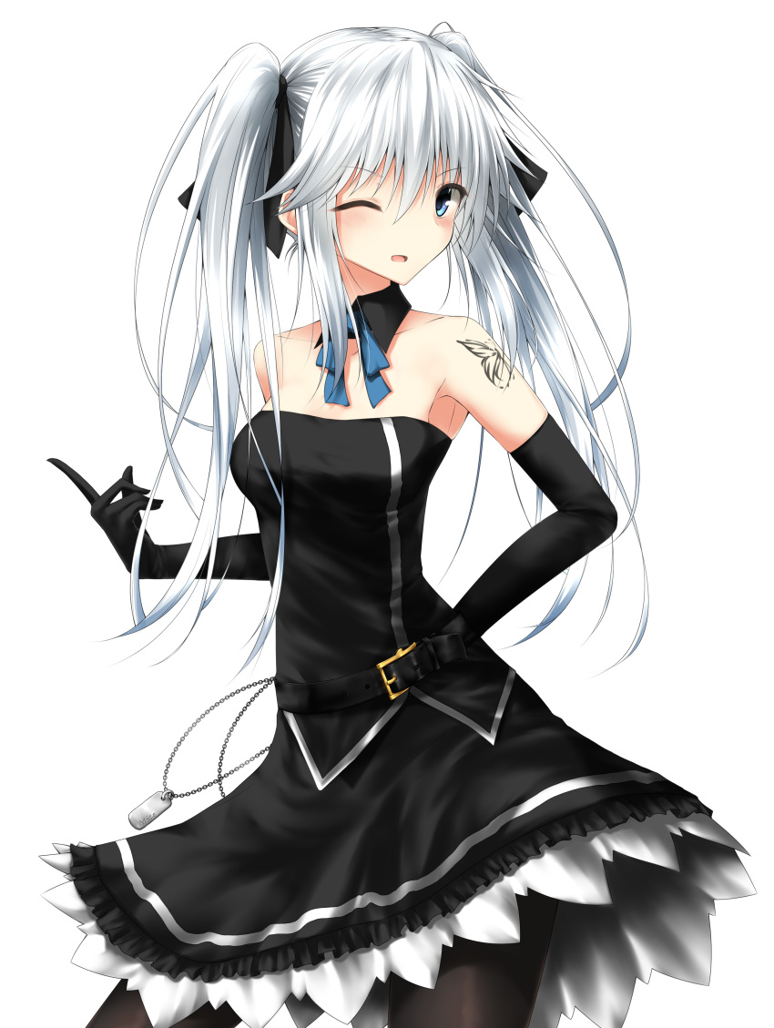 1girl absurdres arm_tattoo bare_shoulders black_legwear blue_eyes cowboy_shot detached_sleeves dress elbow_gloves gloves hair_ribbon highres looking_at_viewer mage_(335656) one_eye_closed original pantyhose ribbon simple_background solo standing strapless strapless_dress tattoo twintails white_hair