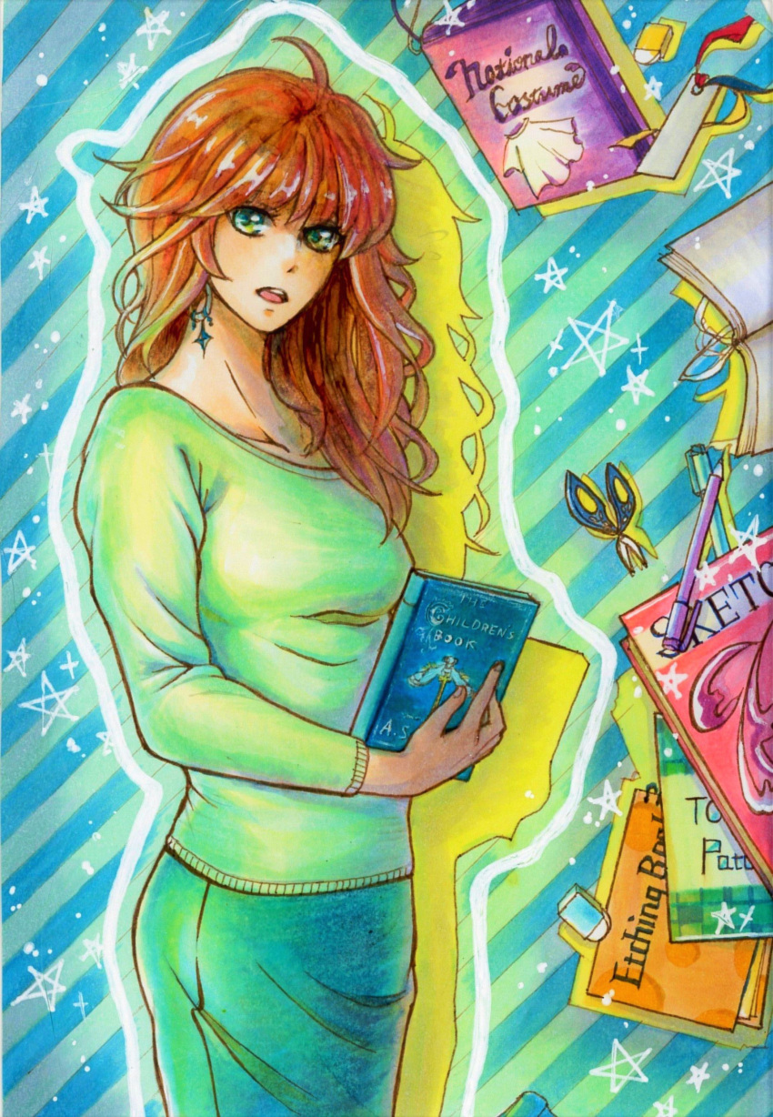 1girl absurdres book bookmark brown_hair earrings eraser green_eyes green_shirt green_skirt highres holding holding_book jewelry long_hair looking_at_viewer marker_(medium) moguo open_book open_mouth original pencil scissors shirt skirt solo standing star striped striped_background traditional_media