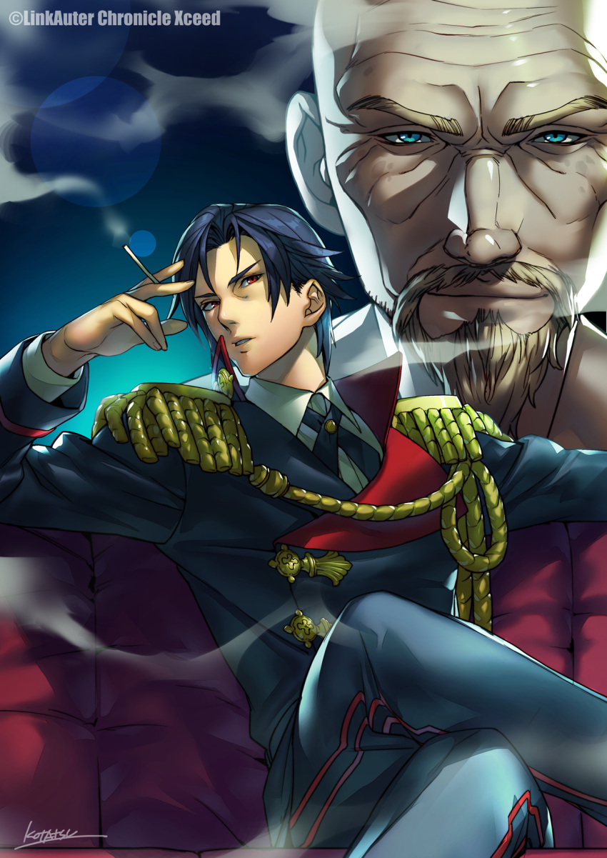 1boy 2boys bald blue_eyes blue_hair blue_jacket blue_pants cigarette closed_mouth collared_shirt couch facial_hair hand_up highres holding holding_cigarette jacket kotatsu_(g-rough) legs_crossed linkauter_chronicle_xceed long_sleeves looking_at_viewer military military_uniform multiple_boys mustache official_art pants parted_lips projected_inset red_eyes shirt signature sitting smile smoke smoking uniform white_shirt
