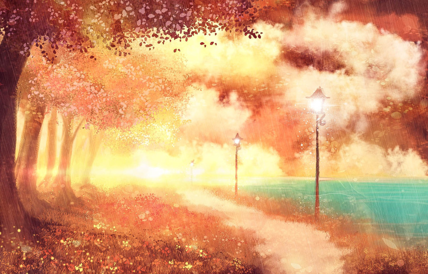 akyuun clouds cloudy_sky food fruit grass highres lamppost no_humans orange original outdoors road scenery sky tree water