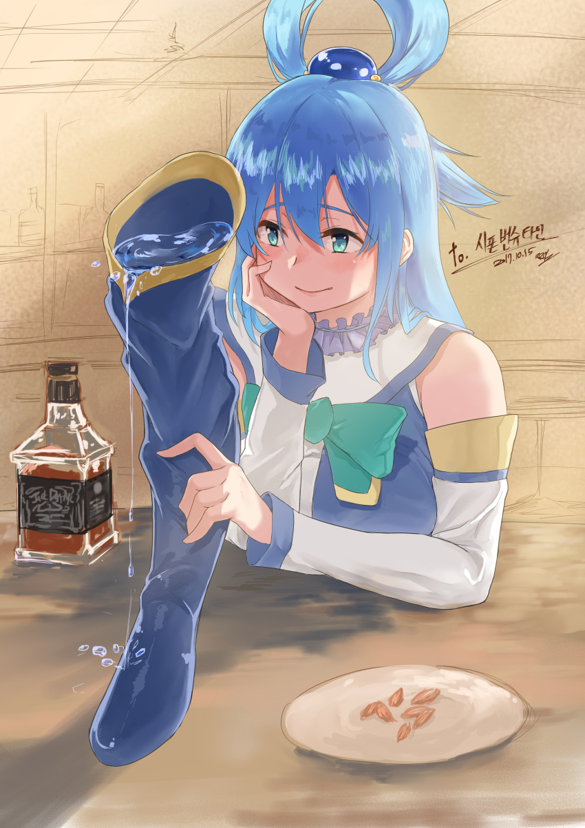 1girl absurdres alcohol aqua_(konosuba) bare_shoulders blue_eyes blue_footwear blue_hair blue_shirt boots check_commentary chin_rest commentary_request dated detached_sleeves dripping frills hair_bobbles hair_ornament hair_rings highres jjeono kono_subarashii_sekai_ni_shukufuku_wo! long_hair plate shirt sitting sketch smile solo thigh-highs thigh_boots water whiskey