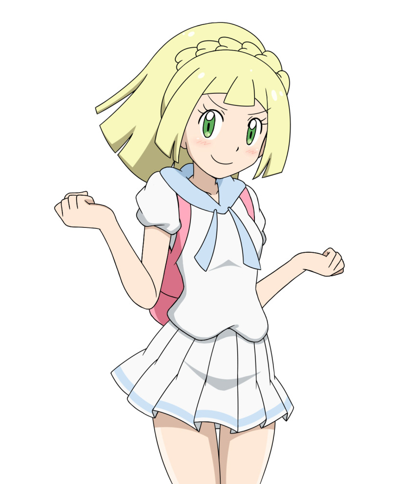 1girl blonde_hair blush green_eyes highres kuro_hopper lillie_(pokemon) pokemon pokemon_(game) pokemon_sm skirt smile solo