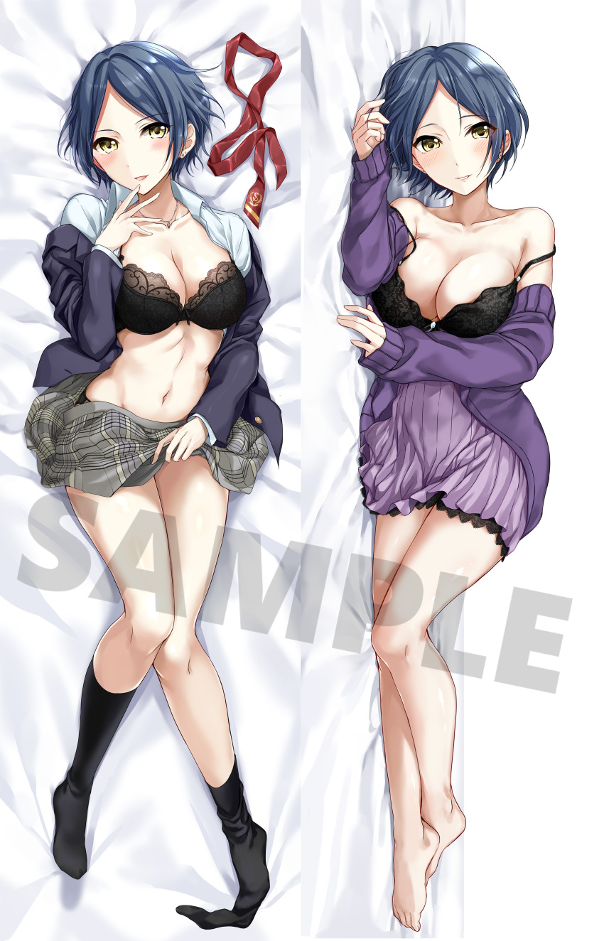 1girl :d absurdres bangs bare_legs barefoot bed_sheet black_bra black_jacket black_legwear blazer blue_hair blush bra breasts cleavage collared_shirt earrings finger_to_mouth grey_skirt hayami_kanade highres idolmaster idolmaster_cinderella_girls jacket jewelry kneehighs knees_together_feet_apart lifted_by_self long_sleeves looking_at_viewer lying medium_breasts multiple_views navel necklace necktie necktie_removed no_shoes oimo on_back on_side open_blazer open_clothes open_jacket open_mouth open_shirt parted_bangs parted_lips plaid plaid_skirt purple_jacket purple_skirt red_neckwear sample school_uniform shirt short_hair skirt skirt_lift sleeves_past_wrists smile stomach strapless stud_earrings thighs underwear white_shirt wing_collar yellow_eyes
