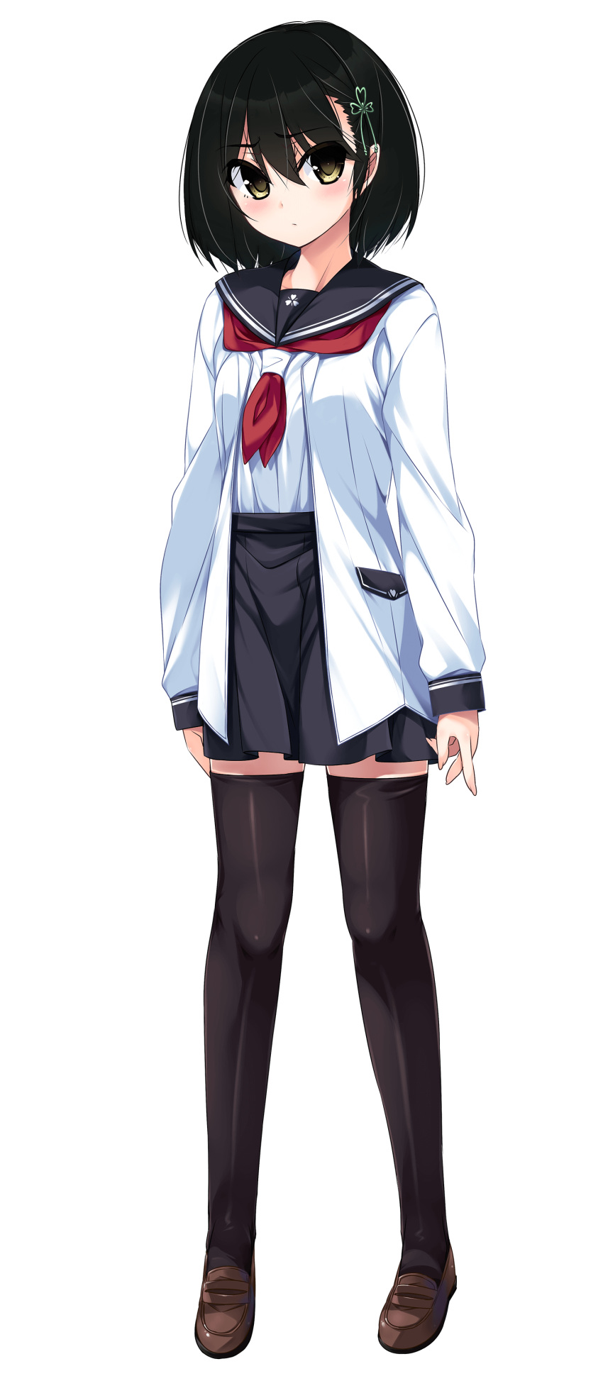 1girl absurdres black_hair black_legwear blush full_body hair_ornament highres izumi_iko kujou_riri loafers long_sleeves looking_at_viewer neckerchief official_art oni_ga_kuru._~ane_ga_hinshi_de_pinchi_desu~ pleated_skirt school_uniform shoes short_hair skirt solo thigh-highs yellow_eyes