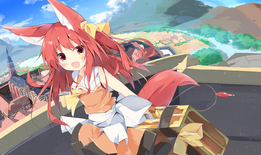 1girl :d animal_ears ascot bangs bare_arms blue_sky blush bow brown_dress building church city clouds commentary_request day dress dutch_angle eyebrows_visible_through_hair fang field fox_ears fox_girl fox_tail hair_ribbon holding holding_briefcase house kushida_you lake landscape long_hair looking_at_viewer mountain open_mouth original outdoors red_eyes redhead ribbon river sailor_collar sailor_dress sky sleeveless sleeveless_dress smile solo standing suitcase tail white_bow white_ribbon white_sailor_collar yellow_neckwear yellow_ribbon