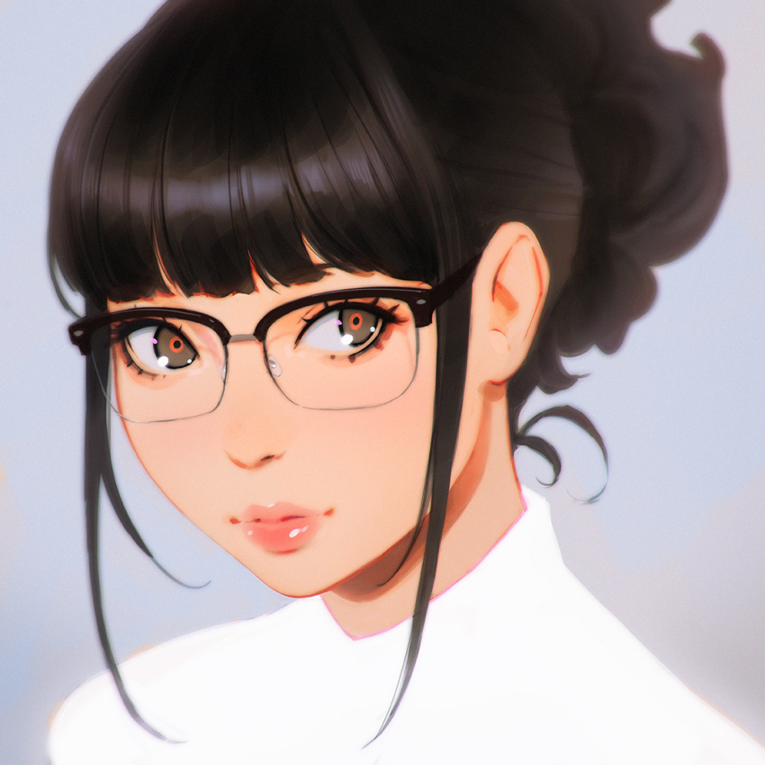 1girl black_hair close-up face glasses grey_eyes ilya_kuvshinov looking_at_viewer original semi-rimless_eyewear short_hair simple_background solo