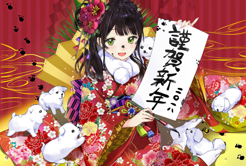 1girl 2018 bangs black_hair blush dog eyebrows_visible_through_hair floral_print fur_collar furisode green_eyes happy_new_year highres japanese_clothes kimono long_hair looking_at_viewer macciatto_(aciel02) nengajou new_year obi open_mouth original paint_on_face paw_background paw_print red_kimono sash sidelocks sitting smile socks solo striped tabi translated twintails vertical-striped_background vertical_stripes white_legwear wide_sleeves year_of_the_dog yokozuwari