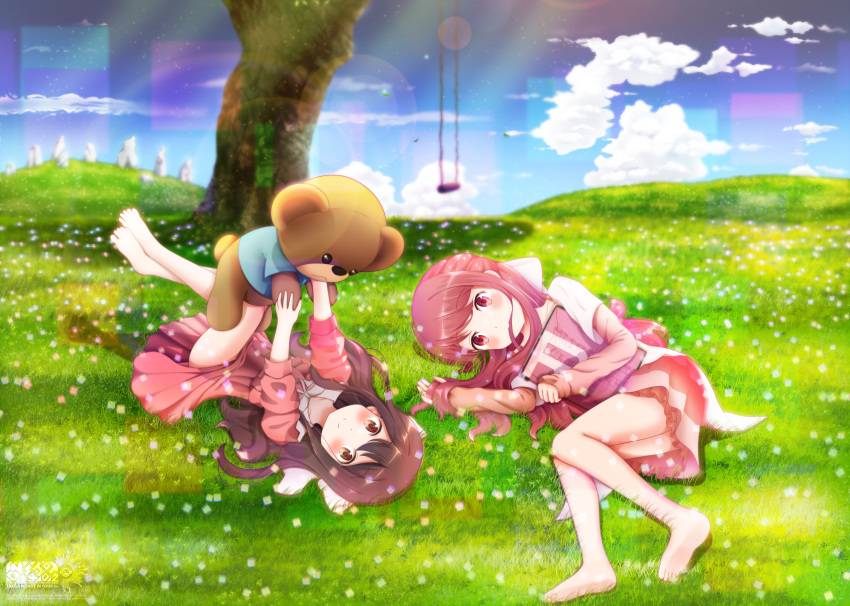 2girls absurdres artist_name barefoot blush brown_eyes brown_hair closed_mouth eyebrows_visible_through_hair highres holding holding_stuffed_animal long_sleeves looking_at_viewer lying multiple_girls nshot1402 on_back on_side outdoors red_eyes rin_(shelter) shelter_(music_video) smile stuffed_animal stuffed_toy teddy_bear tree
