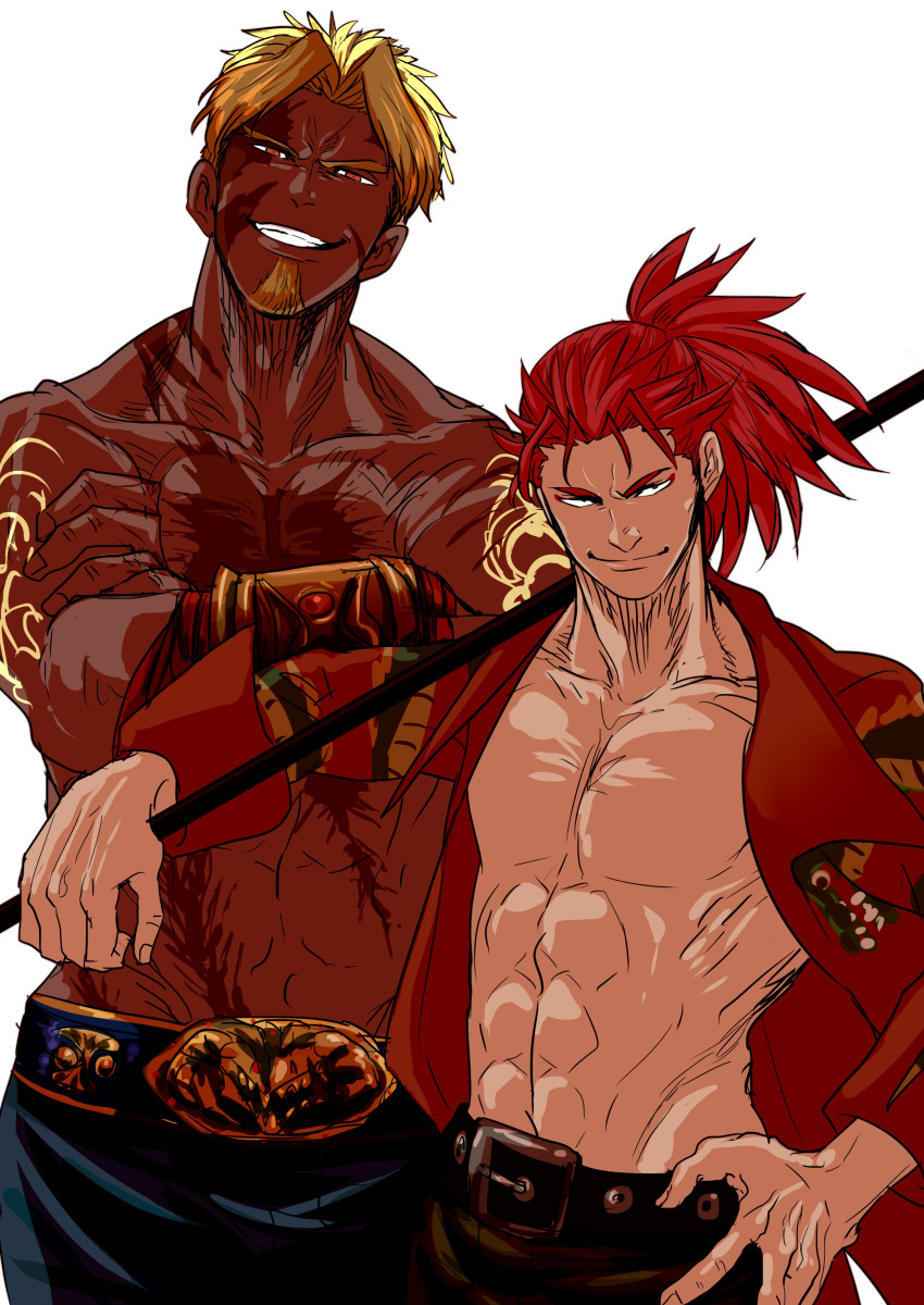 2boys absurdres assassin_(fate/extra) beard beowulf_(fate/grand_order) blonde_hair carrying_over_shoulder cowboy_shot crossed_arms dark_skin dark_skinned_male facial_hair fate/grand_order fate_(series) grin hand_on_hip highres li_shuwen_(fate/grand_order) looking_at_viewer male_focus multiple_boys nippar polearm ponytail red_eyes redhead scar smile weapon