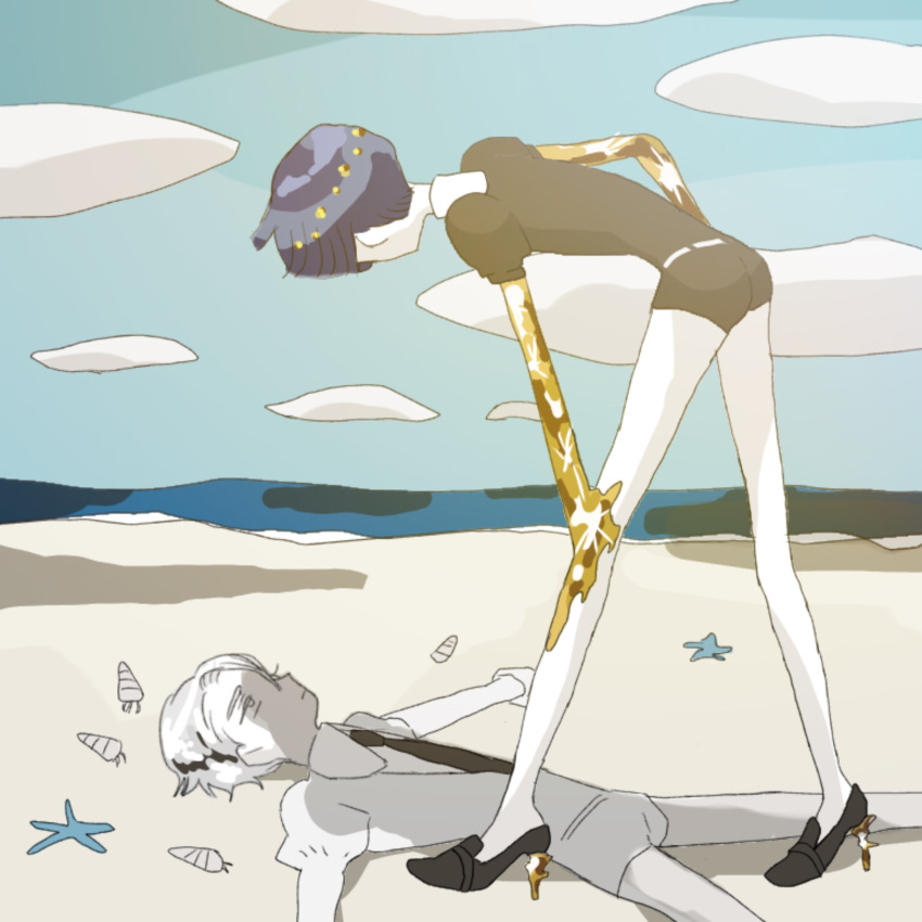 androgynous antarcticite beach black_neckwear black_shorts blue_hair crystal_hair gloves hidden_eyes highres houseki_no_kuni lapis_lazuli lying necktie phosphophyllite shirt short_hair shorts spoilers starfish uniform white_eyes white_hair white_shirt