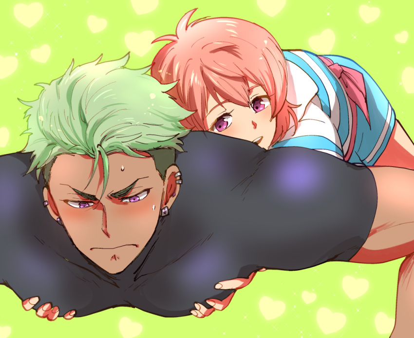 dark_skin dark_skinned_male green_hair king_of_prism_by_prettyrhythm looking_at_another male_focus pink_hair pretty_rhythm saionji_reo skin_tight toroi_(run01211) violet_eyes yamato_alexander yaoi