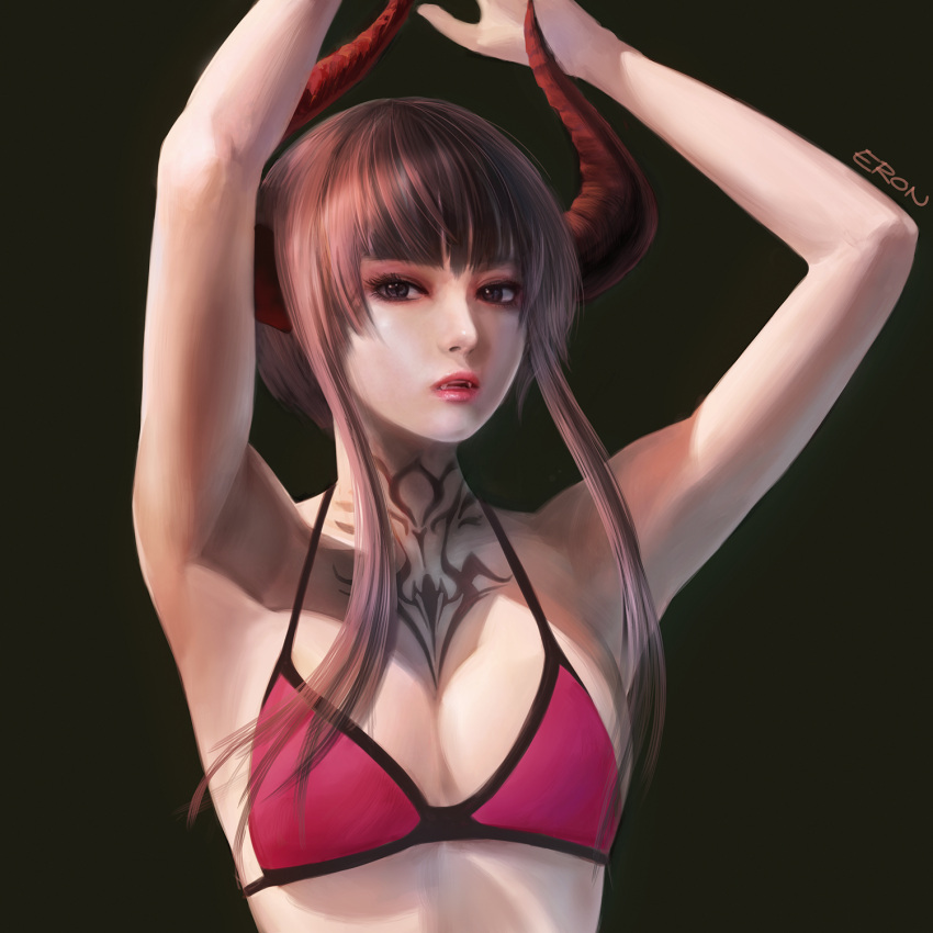 1girl alternate_costume armpits arms_up bikini black_hair breasts cleavage demon_horns eliza_(tekken) eron_kim eyelashes fangs highres horns lips looking_at_viewer medium_breasts nose pale_skin red_bikini red_eyes short_hair short_hair_with_long_locks solo swimsuit tattoo tekken tekken_7 upper_body vampire