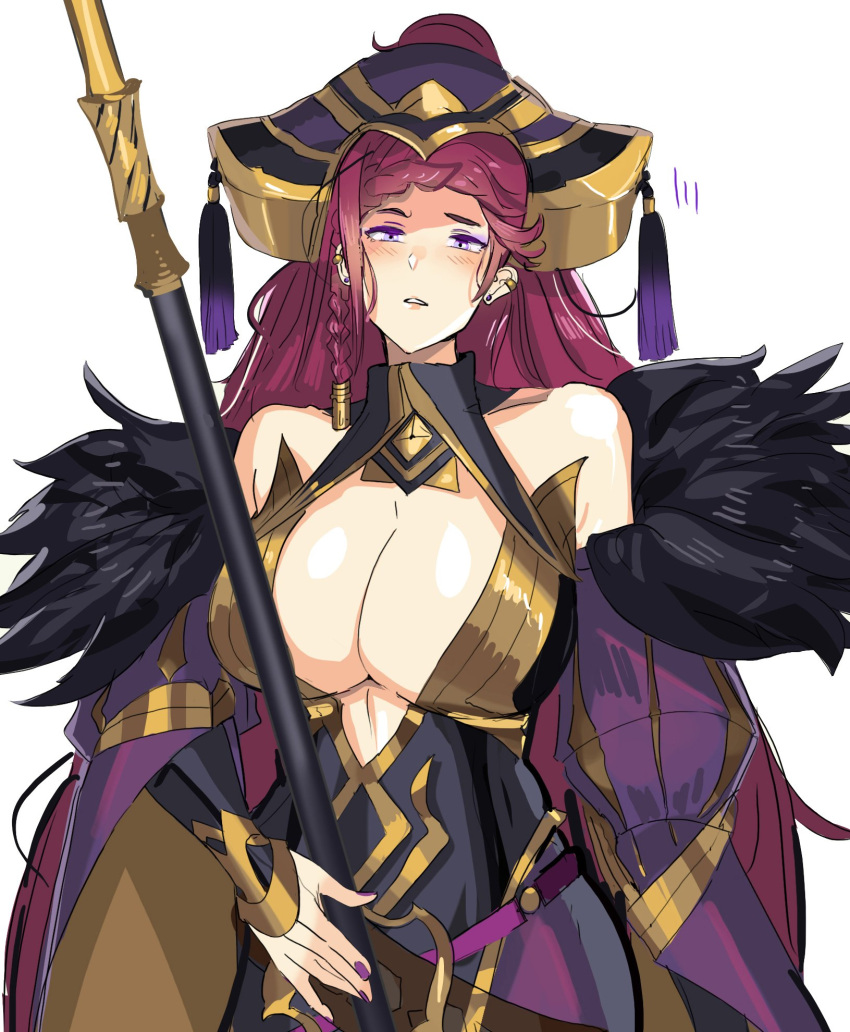 1girl blush braid breasts cleavage collar detached_sleeves dotentity dress earrings feather_trim feathers fire_emblem fire_emblem_heroes hat highres holding holding_staff jewelry large_breasts lips loki_(fire_emblem_heroes) long_hair nail_polish parted_lips ponytail purple_dress purple_hair purple_nails scepter shiny shiny_skin simple_background staff stud_earrings very_long_hair violet_eyes white_background