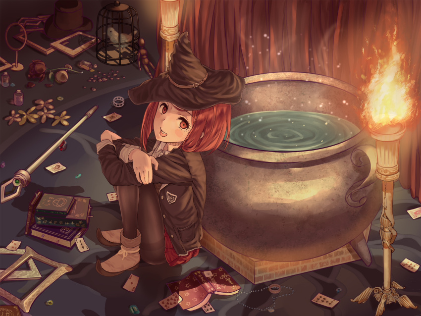 1girl :d ankle_boots bird birdcage black_hat black_jacket black_legwear blazer blush_stickers book book_stack boots bottle brown_footwear cage card cauldron cup curtains dangan_ronpa emblem eraser fire flower full_body hat highres indoors jacket knees_on_chest knees_up light_particles liquid long_sleeves looking_at_viewer looking_to_the_side marble miniskirt new_dangan_ronpa_v3 on_floor open_blazer open_book open_clothes open_jacket open_mouth pantyhose picture_frame playing_card red_eyes red_skirt redhead roki_(0214278) rose round_teeth short_hair sitting skirt smile solo staff steam teeth thighband_pantyhose top_hat torch unbuttoned witch_hat yumeno_himiko