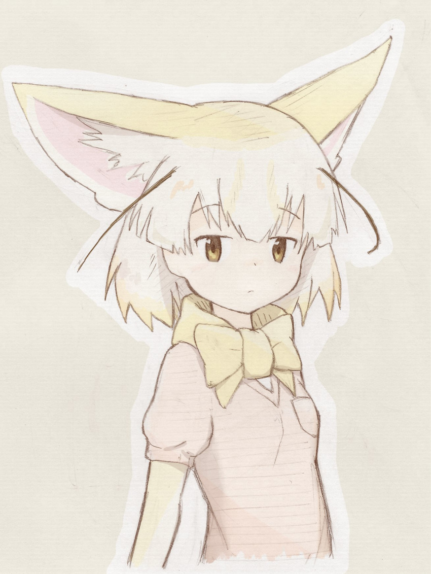 1girl animal_ears blonde_hair bow bowtie breast_pocket brown_eyes eyebrows_visible_through_hair fennec_(kemono_friends) fox_ears highres kemono_friends looking_at_viewer muted_color pink_sweater pocket short_hair short_sleeve_sweater short_sleeves solo sweater traditional_media uepon_(shimo_ponzu) upper_body yellow_neckwear