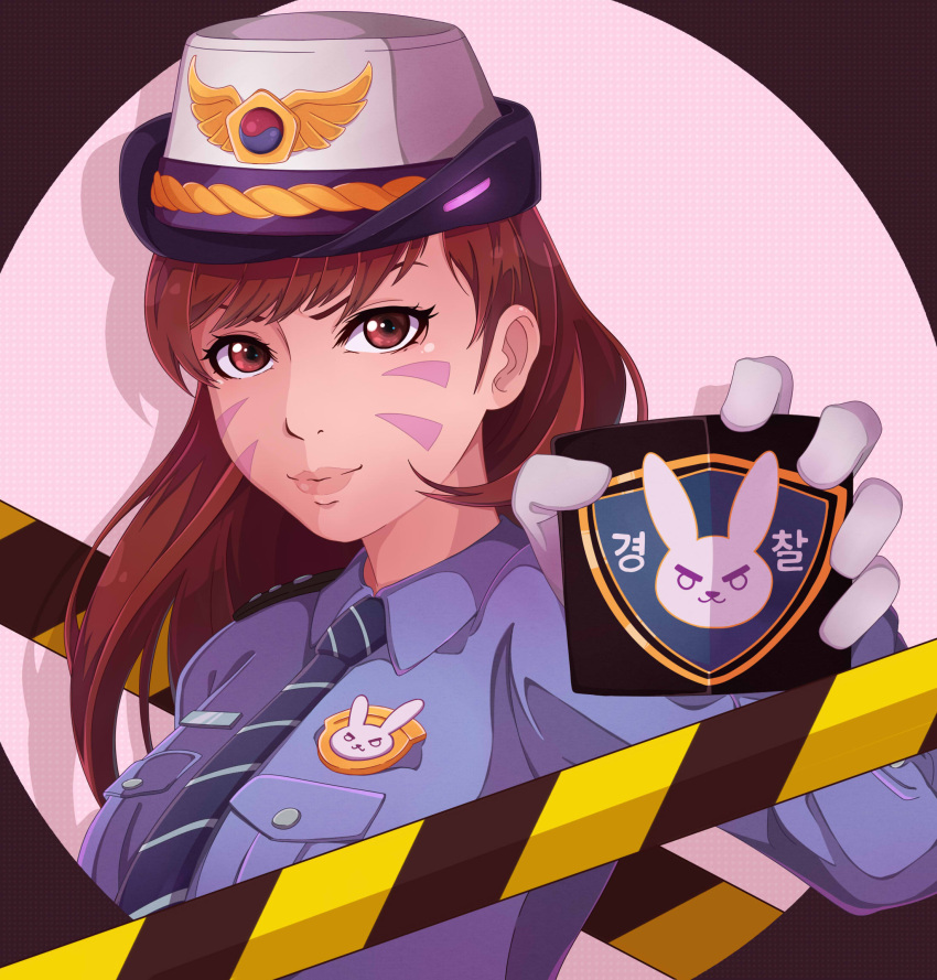 1girl blue_neckwear blush breasts brown_eyes brown_hair closed_mouth d.va_(overwatch) eyebrows gloves highres korean kukie-nyan long_hair looking_at_viewer medium_breasts medium_hair overwatch smile solo upper_body white_gloves