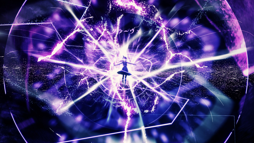 1girl blue_dress dress electricity highres long_hair magic original outstretched_arms scenery solo spread_arms y_y_(ysk_ygc)