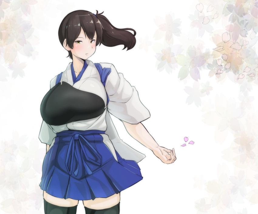 1girl black_hair black_legwear breasts cherry_blossoms commentary_request hakama_skirt highres japanese_clothes kaga_(kantai_collection) kantai_collection large_breasts long_hair looking_at_viewer muneate petals ryuun_(stiil) side_ponytail solo tasuki thigh-highs wind yellow_eyes zettai_ryouiki