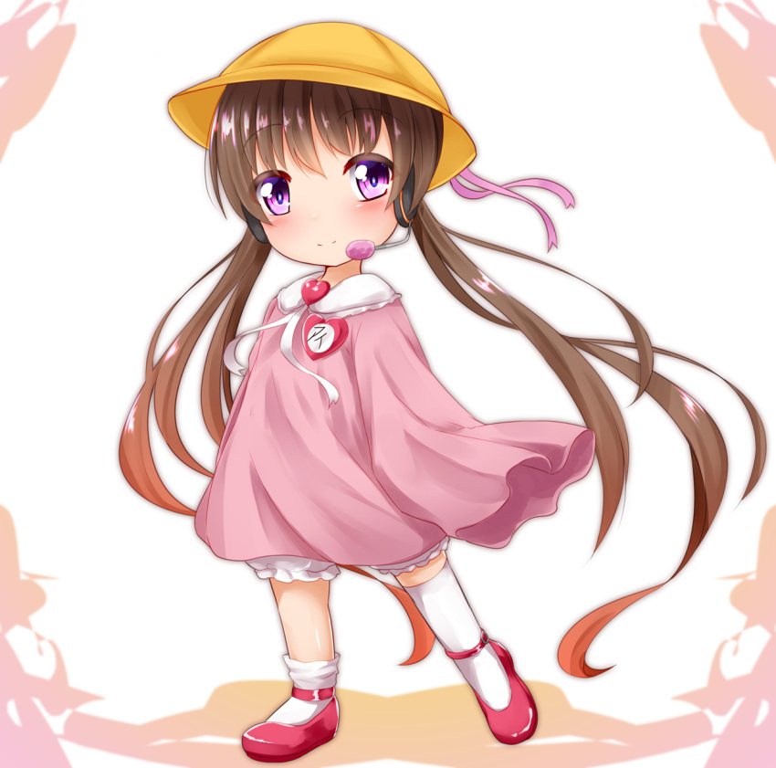 1girl absurdly_long_hair ankle_lace-up bangs bloomers blush brown_hair closed_mouth commentary_request cross-laced_footwear eyebrows_visible_through_hair frills hair_between_eyes hands_in_sleeves hat headset heart highres kindergarten_uniform long_hair long_sleeves looking_at_viewer name_tag pink_footwear pink_ribbon pink_shirt ribbon rody_(hayama_yuu) school_hat shirt smile solo standing standing_on_one_leg thigh-highs thighhighs_pull tsukuyomi_ai twintails underwear very_long_hair violet_eyes voiceroid white_background white_bloomers white_legwear yellow_hat