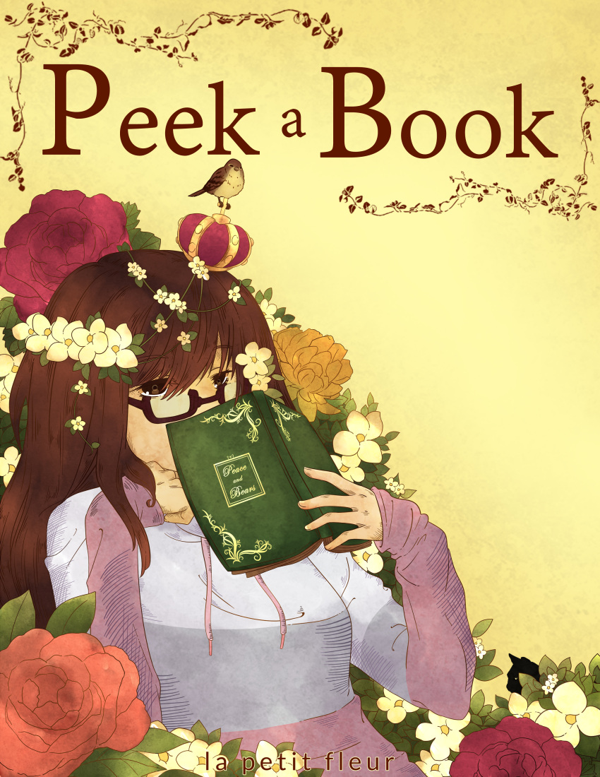 1girl absurdres bird book breasts brown_eyes brown_hair english eyebrows_visible_through_hair flower highres holding holding_book kukie-nyan long_sleeves looking_at_viewer medium_breasts original semi-rimless_eyewear sitting solo