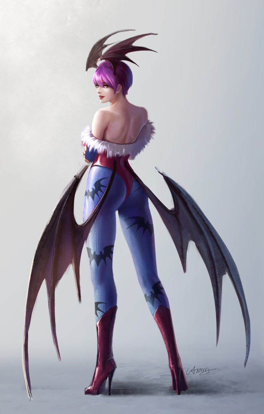 1girl absurdres bangs bare_shoulders bat_wings black_wings blue_gloves blue_legwear boots crossed_arms elbow_gloves from_behind full_body gloves gradient gradient_background grey_background hair_between_eyes head_wings high_heel_boots high_heels highres leotard lilith_aensland looking_at_viewer nose pantyhose parted_lips purple_footwear purple_hair red_leotard red_lips short_hair signature solo taekwon_kim tongue vampire_(game) wings