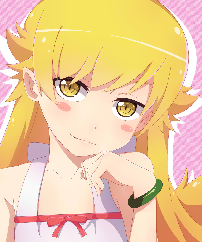 1girl absurdres bakemonogatari blonde_hair blush closed_mouth collarbone eyebrows fang highres kukie-nyan long_hair looking_at_viewer monogatari_(series) oshino_shinobu red_ribbon ribbon smile solo upper_body yellow_eyes