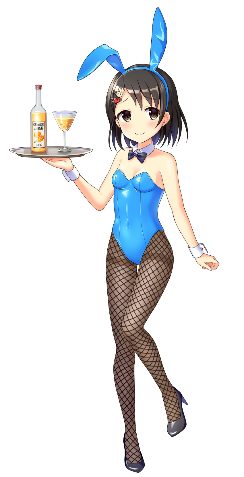 1girl absurdres animal_ears black_eyes black_hair black_neckwear blue_leotard bottle bow bowtie bunny_hair_ornament bunnysuit cup detached_collar drinking_glass fishnet_pantyhose fishnets full_body hair_ornament highres idolmaster idolmaster_cinderella_girls leotard pantyhose rabbit_ears sasaki_chie short_hair simple_background solo standing standing_on_one_leg strapless strapless_leotard thighband_pantyhose tray white_background wine_glass wrist_cuffs yuusa