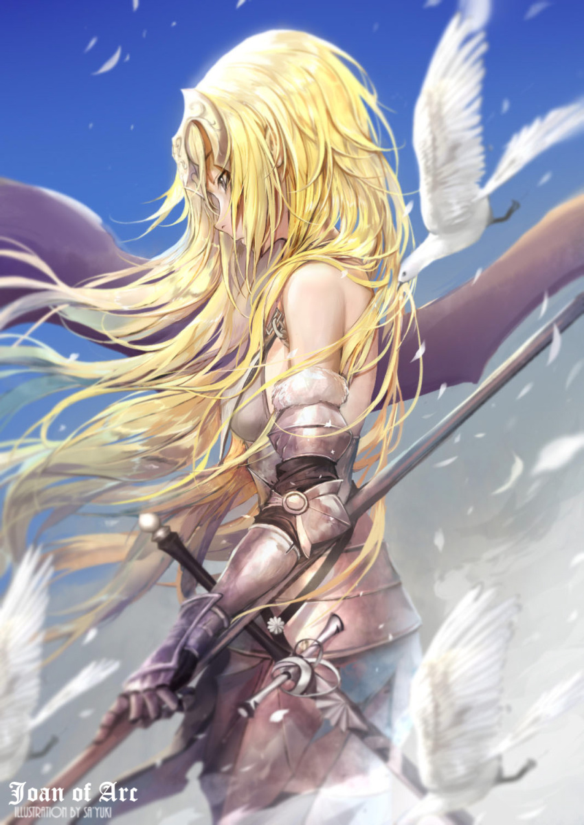 1girl armor armored_dress artist_name bare_shoulders black_gloves blonde_hair blue_eyes character_name closed_mouth commentary_request fate/apocrypha fate_(series) faulds feathers from_side gauntlets gloves headpiece highres jeanne_d'arc_(fate) jeanne_d'arc_(fate)_(all) long_hair looking_down motion_blur sa'yuki sheath sheathed sky solo staff sword weapon wind