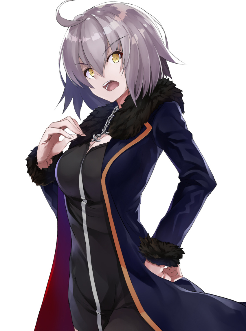 1girl ahoge black_dress blue_cape breasts cape chains cleavage dress eyebrows_visible_through_hair fate/grand_order fate_(series) fur_trim hair_between_eyes hand_on_hip highres jeanne_d'arc_(alter)_(fate) jeanne_d'arc_(fate)_(all) long_hair medium_breasts open_mouth short_dress silver_hair simple_background solo standing toki/ white_background yellow_eyes