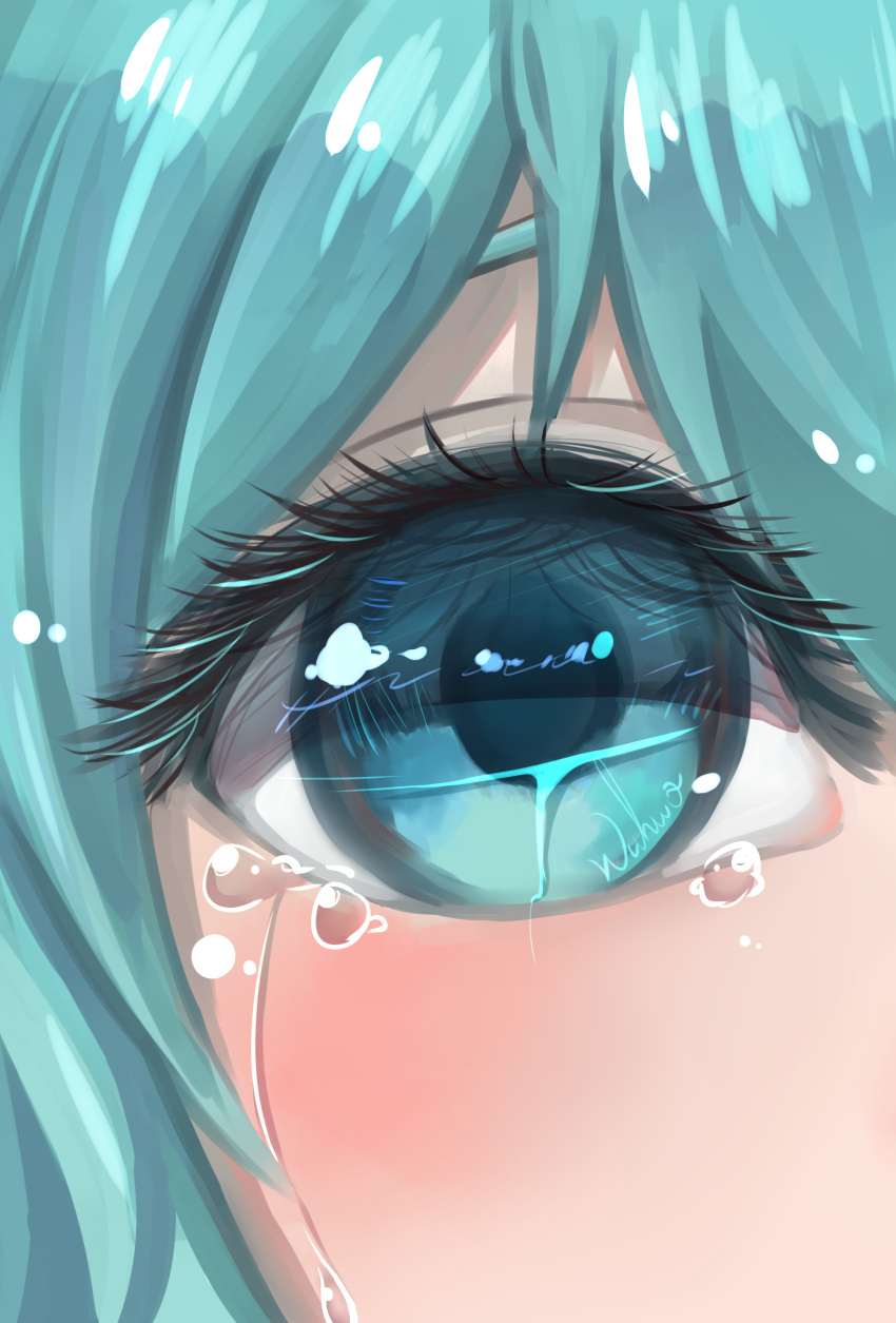 1girl absurdres aqua_eyes aqua_hair artist_name bangs blush close-up colored_eyelashes crying crying_with_eyes_open eyelashes eyes hatsune_miku highres looking_at_viewer shiny shiny_hair tears vocaloid wuhuo