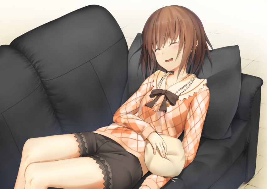 1girl :d ^_^ ^o^ brown_hair closed_eyes commentary_request couch drooling hat hat_removed headwear_removed hiraba_6018 idolmaster idolmaster_cinderella_girls kita_hinako lying open_mouth pillow plaid plaid_shirt shirt short_hair shorts sleeping smile solo