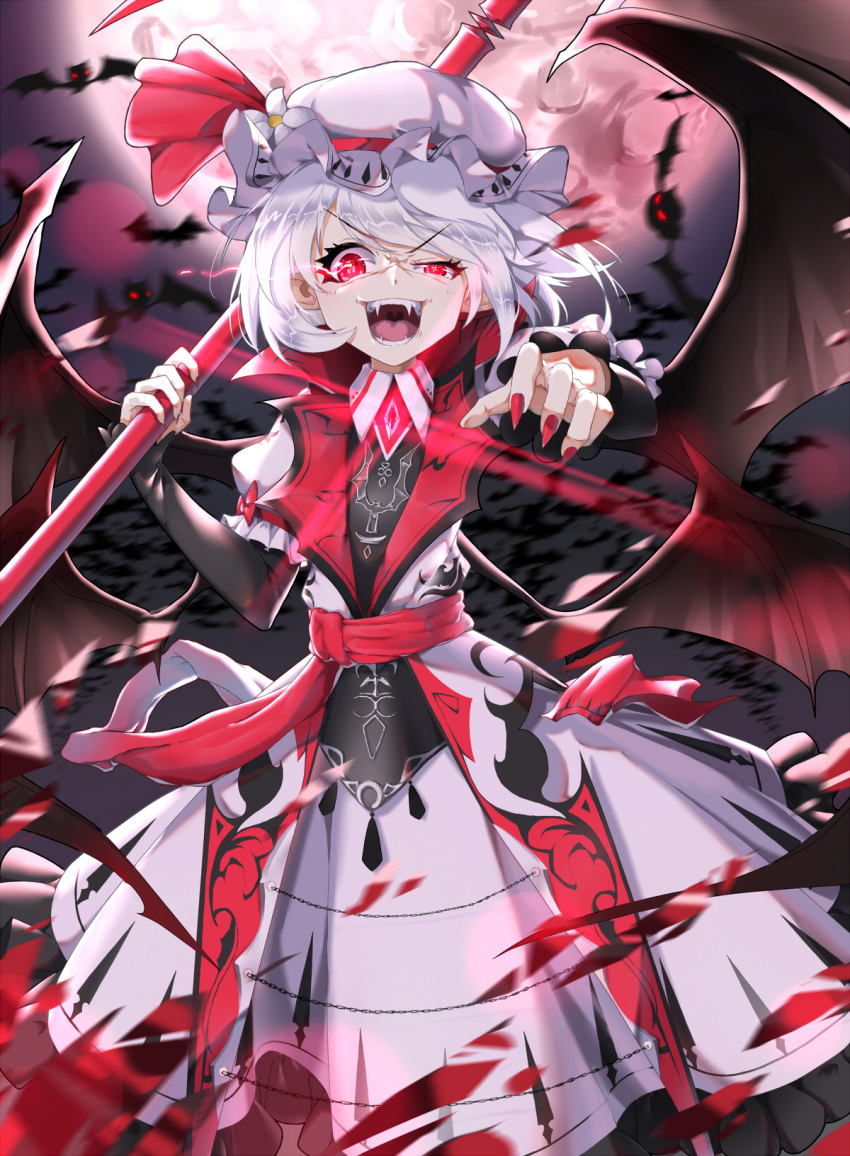 1girl bat bat_wings dress fangs fingernails full_moon gala_king hat hat_ribbon highres holding holding_weapon long_fingernails looking_at_viewer mob_cap moon nail_polish night night_sky open_mouth outdoors red_eyes red_nails red_ribbon remilia_scarlet ribbon sash sharp_fingernails sky smile solo tongue touhou uneven_eyes uvula weapon white_hair wings