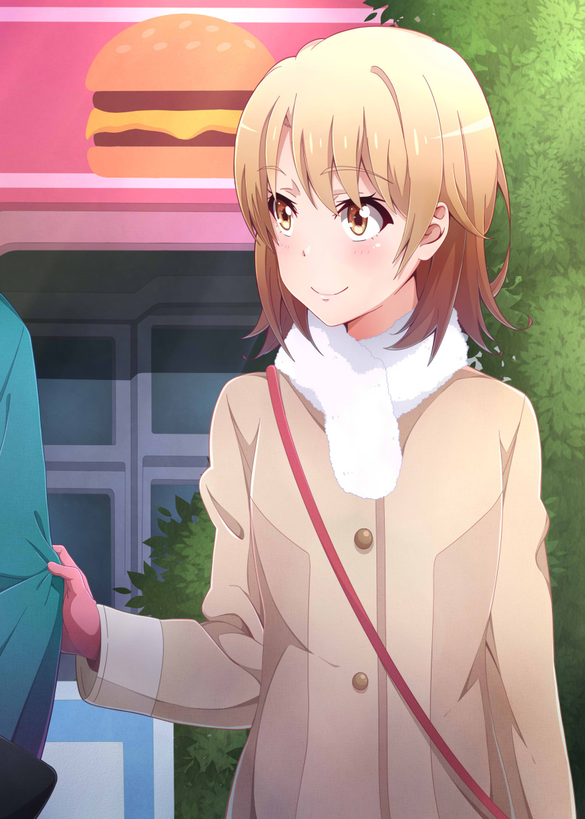 1girl absurdres blush brown_eyes brown_hair closed_mouth coat gloves highres isshiki_iroha kukie-nyan long_sleeves looking_at_another out_of_frame outdoors red_gloves short_hair smile solo yahari_ore_no_seishun_lovecome_wa_machigatteiru.