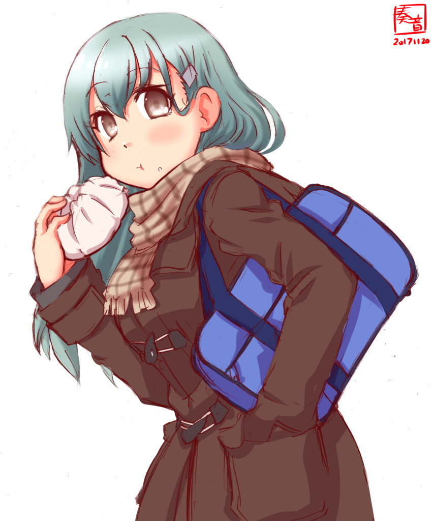 1girl alternate_costume aqua_hair bag baozi black_eyes brown_coat brown_scarf coat commentary_request cowboy_shot dated eating food hair_ornament hairclip highres kanon_(kurogane_knights) kantai_collection logo long_hair looking_at_viewer plaid plaid_scarf scarf school_bag simple_background solo suzuya_(kantai_collection) white_background