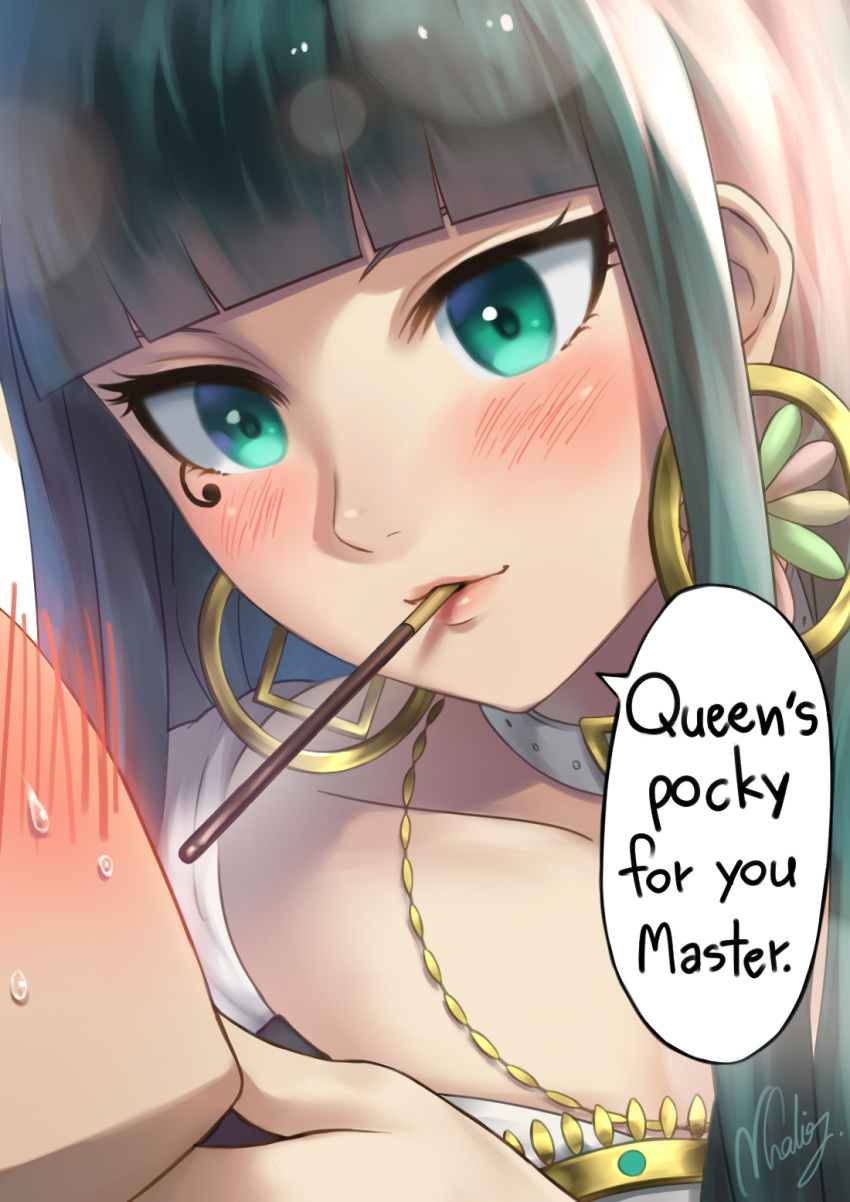 1girl bangs blunt_bangs blush cleopatra_(fate/grand_order) close-up commentary_request earrings embarrassed english eye_contact face fate/grand_order fate_(series) food green_eyes green_hair highres hoop_earrings imminent_kiss jewelry lips long_hair looking_at_another mouth_hold natsuyu necklace out_of_frame pocky pocky_day pocky_kiss shared_food signature solo_focus speech_bubble sweatdrop
