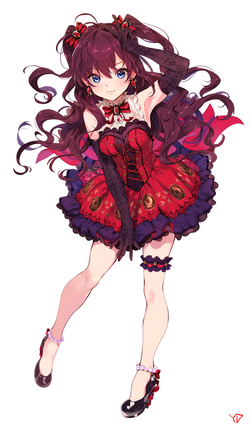 absurdres ahoge blue_eyes bow bowtie breasts brooch brown_hair cross-laced_clothes dress earrings frills hair_bow hand_gesture hand_up high_heels highres ichinose_shiki idolmaster idolmaster_cinderella_girls idolmaster_cinderella_girls_starlight_stage jewelry legs long_hair looking_at_viewer medium_breasts red_dress signature simple_background smile thigh_strap two_side_up v wavy_hair white_background yang-do