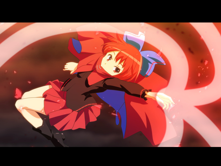 1girl arm_up boots bow capelet cato_(monocatienus) commentary_request covered_mouth hair_bow laser letterboxed long_sleeves looking_at_viewer pleated_skirt red_eyes red_skirt redhead sekibanki short_hair skirt solo touhou