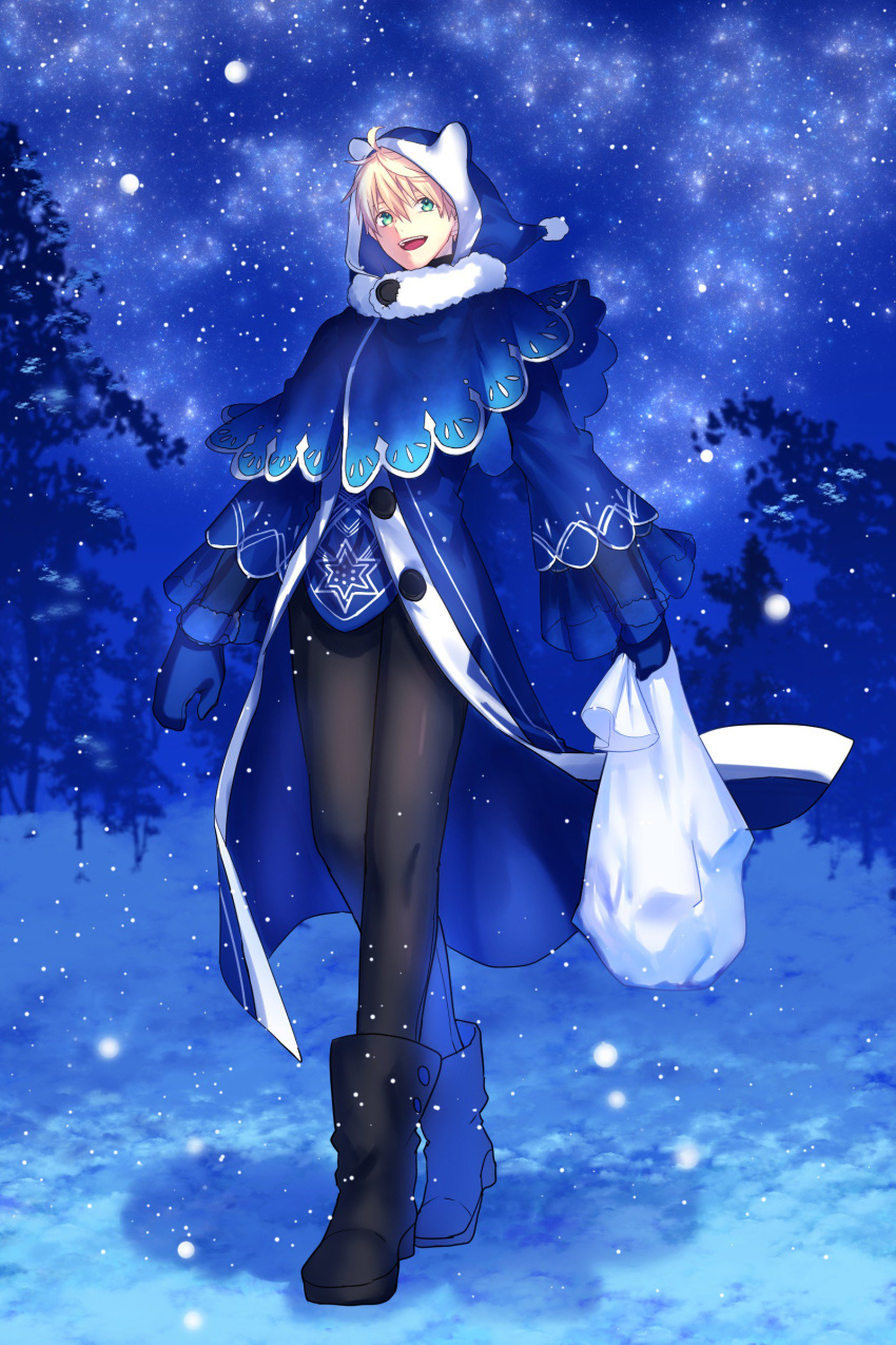 1boy absurdres alternate_costume black_legwear blonde_hair blue_coat blue_gloves boots capelet fate/grand_order fate/prototype fate_(series) forest gloves green_eyes highres leggings looking_at_viewer male_focus nature open_mouth saber_(fate/prototype) sack santa_costume seseragi_azuma smile snow snowflake_print solo