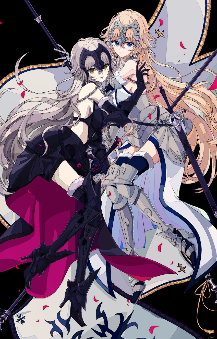 2girls absurdres armor blonde_hair blue_eyes fate/grand_order fate_(series) grey_hair highres jeanne_d'arc_(alter)_(fate) jeanne_d'arc_(fate) jeanne_d'arc_(fate)_(all) long_hair looking_at_viewer multiple_girls osanai sword thigh-highs very_long_hair weapon yellow_eyes