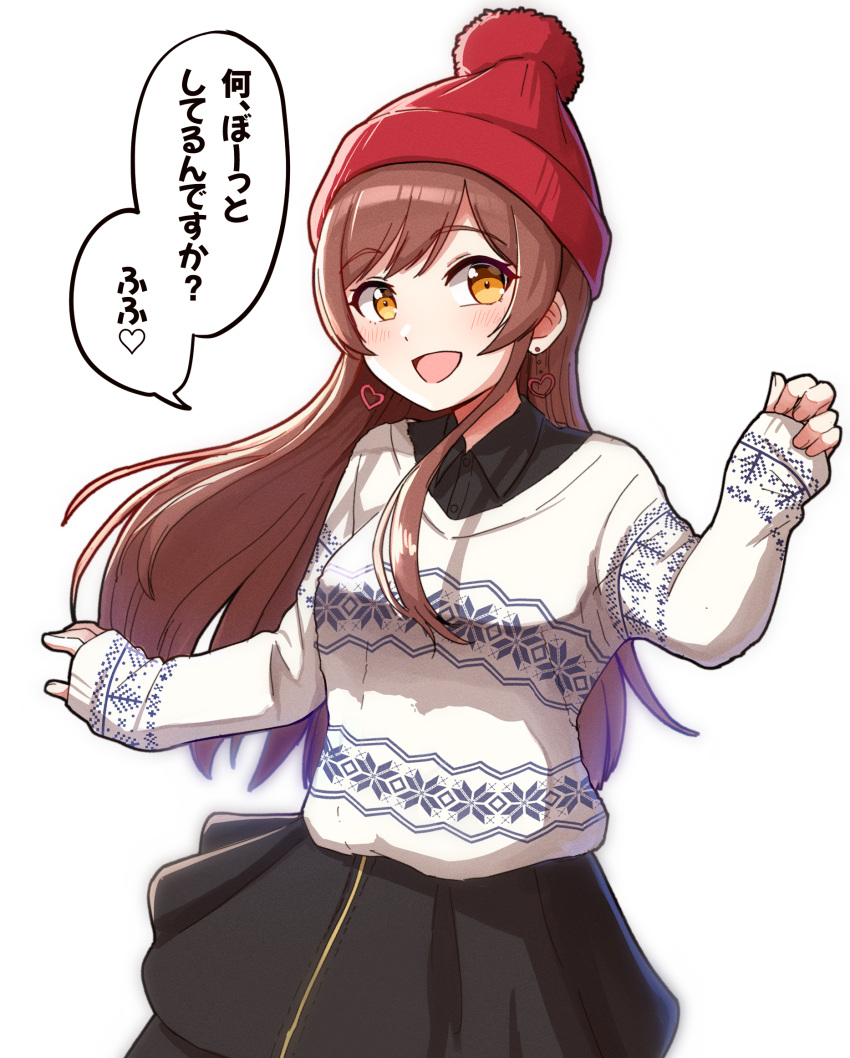 1girl :d bangs beanie black_legwear black_shirt black_skirt blush breasts brown_eyes brown_hair collared_shirt commentary_request dress_shirt earrings eyebrows_visible_through_hair hand_up hat heart heart_earrings highres idolmaster idolmaster_shiny_colors jewelry long_sleeves medium_breasts oosaki_amana open_mouth pantyhose red_headwear shirt simple_background skirt sleeves_past_wrists smile solo sweater takiki translation_request white_background white_sweater