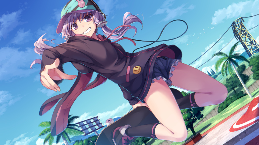 1girl :d animal_hood badge bangs baseball_cap black_footwear black_legwear black_shorts blue_sky button_badge clouds day drawstring dutch_angle field flask_(pandora) floodlights foreshortening frilled_shorts frills grass grin hair_tubes hat headphones highres hood hood_down hoodie kneehighs long_hair long_sleeves midair open_fly open_mouth outdoors palm_tree pointing pointing_at_viewer power_lines purple_hair shoes short_hair_with_long_locks short_shorts shorts skate_3 skateboard skateboarding sky smile smiley_face sneakers solo tareme teeth tree violet_eyes vocaloid voiceroid yuzuki_yukari