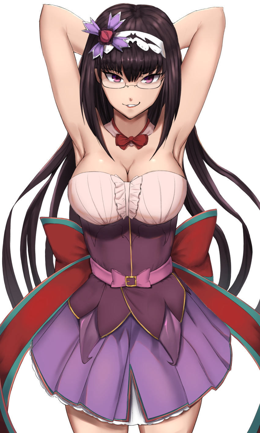 1girl absurdres armpits arms_up artist_request belt black_hair blush bow breasts cleavage cowboy_shot detached_collar fate/grand_order fate_(series) glasses hairband highres japanese_clothes large_breasts long_hair looking_at_viewer osakabe-hime_(fate/grand_order) parted_lips semi-rimless_eyewear simple_background sketch skirt solo very_long_hair violet_eyes white_background