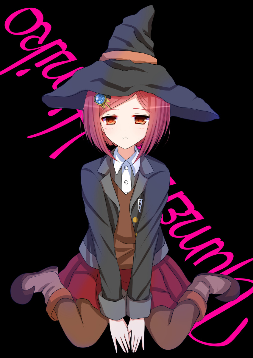 1girl absurdres akausagi bangs between_legs black_background black_hat black_jacket blazer boots brown_footwear brown_legwear closed_mouth collared_shirt dangan_ronpa expressionless full_body hair_ornament hairpin half-closed_eyes hand_between_legs hat highres jacket knee_boots long_sleeves looking_at_viewer new_dangan_ronpa_v3 open_blazer open_clothes open_jacket orange_eyes own_hands_together pantyhose red_skirt redhead school_uniform shirt short_hair simple_background sitting skirt solo swept_bangs v_arms wariza wing_collar witch_hat yumeno_himiko