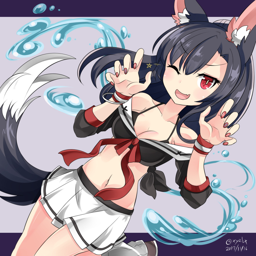 1girl ;d animal_ears azur_lane black_hair breasts claw_pose cleavage collarbone commentary_request fang hebitsukai-san highres kneehighs long_hair looking_at_viewer nail_polish navel one_eye_closed open_mouth pleated_skirt ponytail red_eyes school_uniform serafuku shigure_(azur_lane) skirt smile solo standing standing_on_one_leg tail white_legwear wolf_ears wolf_tail wristband