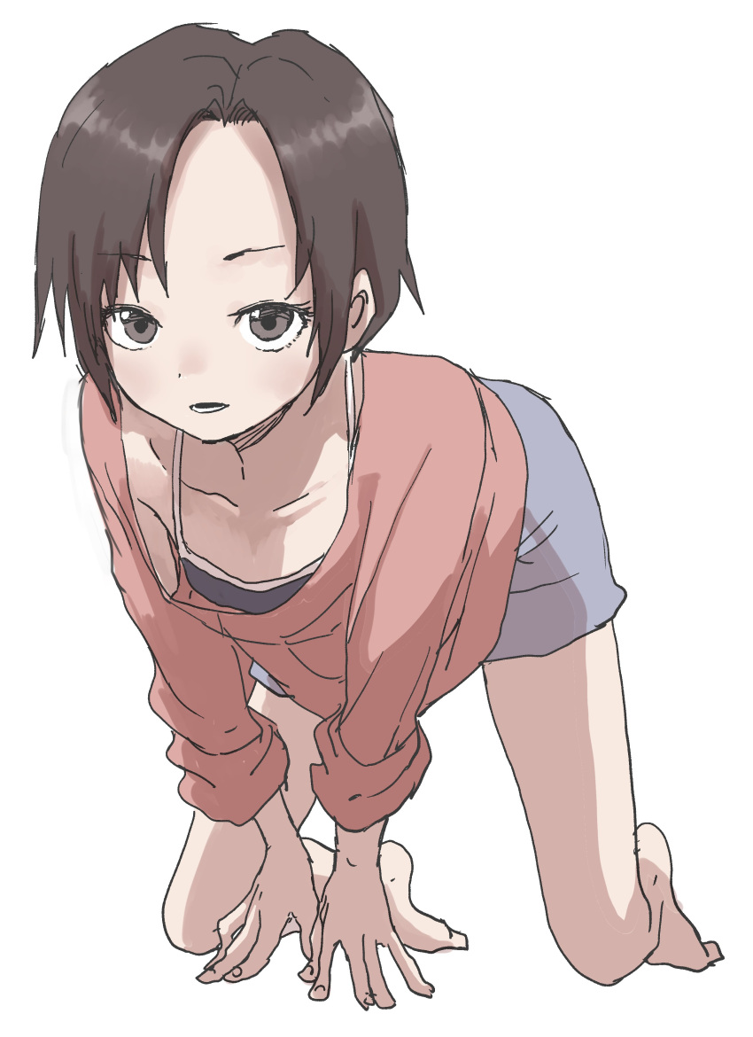 1girl absurdres all_fours bangs bare_legs barefoot blue_shorts brown_eyes brown_hair camisole eyebrows_visible_through_hair full_body highres long_sleeves looking_at_viewer parted_lips red_shirt shirt short_hair shorts simple_background sketch solo white_background yamamoto_souichirou