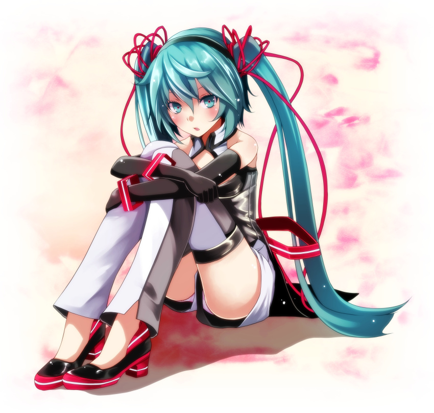 1girl :o aqua_eyes aqua_hair bangs bare_shoulders black_footwear black_gloves black_hairband black_vest blush bracelet cleavage_cutout detached_pants elbow_gloves full_body gloves hair_between_eyes hair_ribbon hairband hatsune_miku highres jewelry knees_up leg_hug long_hair looking_at_viewer nijigen_dream_fever_(vocaloid) no_socks open_mouth panties pantyshot pantyshot_(sitting) pink_panties pink_ribbon project_diva_(series) project_diva_2nd ribbon shorts sitting sleeveless solo thighs tsukishiro_saika twintails underwear upshorts very_long_hair vest vocaloid white_shorts