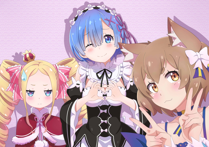 1boy 2girls :3 animal_ears beatrice_(re:zero) blonde_hair blue_eyes blue_hair blush breasts brown_eyes brown_hair cat_ears cleavage closed_mouth double_v drill_hair eyebrows_visible_through_hair felix_argyle hair_ornament heart heart_hands highres kukie-nyan large_breasts long_hair looking_at_viewer maid multiple_girls re:zero_kara_hajimeru_isekai_seikatsu rem_(re:zero) short_hair smile sweatdrop trap twin_drills v x_hair_ornament